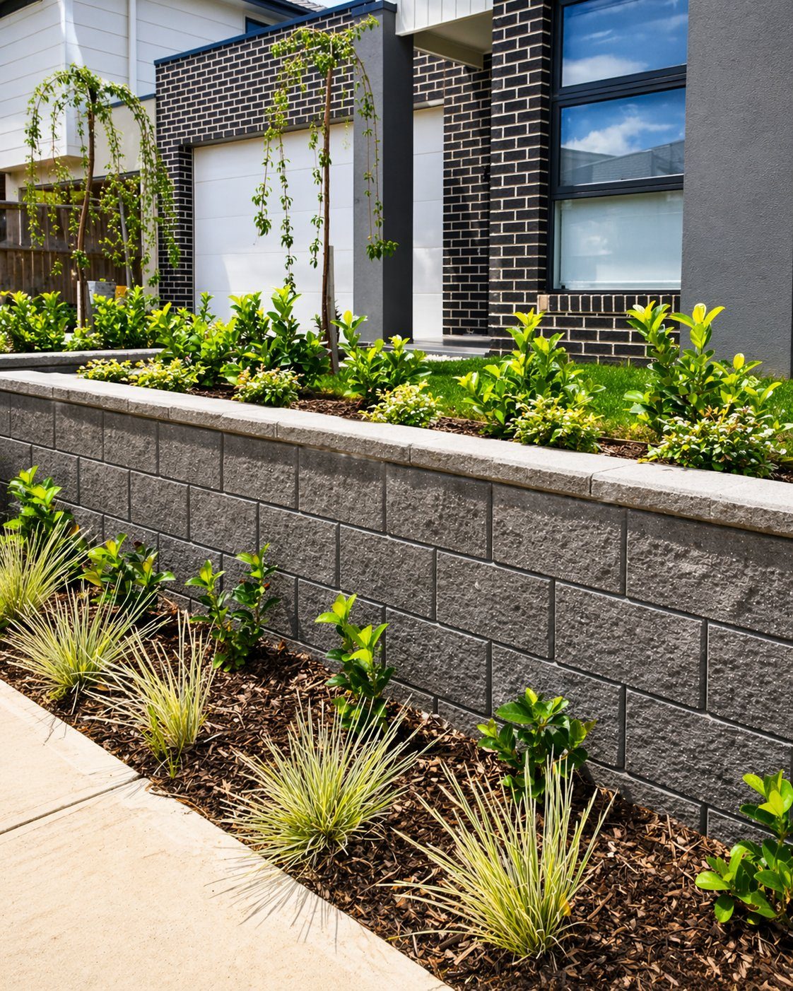 Grey block retaining wall with native planting